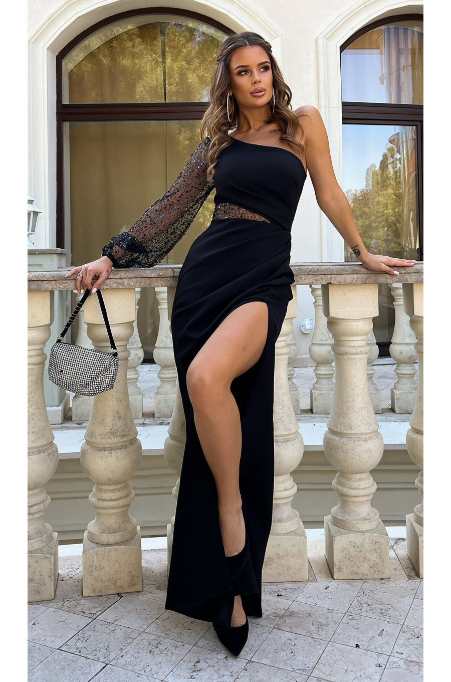 Rochie eleganta lunga, cu paiete, neagra, mulata, cu maneca lunga si un umar gol, Temptation 1 - jojofashion.ro