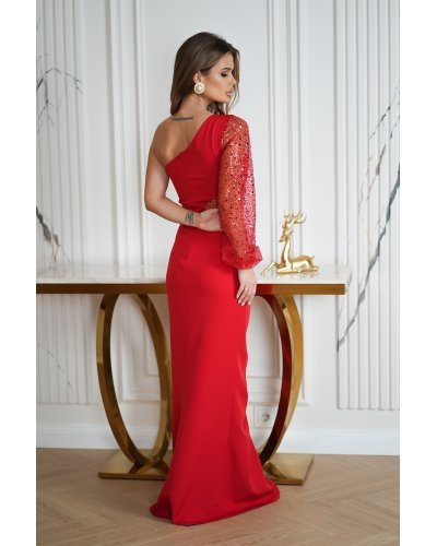 Rochie eleganta lunga, cu paiete, rosie, cu maneca lunga si un umar gol, Temptation Rochii lungi, Rochie eleganta lunga, cu paiete, rosie, cu maneca lunga si un umar gol, Temptation - jojofashion.ro