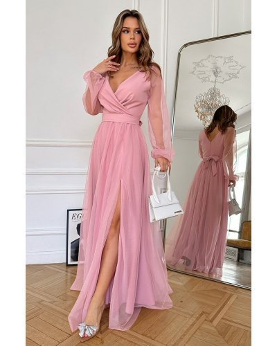 Rochie lunga eleganta roz pal din tulle cu maneca lunga SplendorB Rochii de nasa, Rochie lunga eleganta roz pal din tulle cu maneca lunga SplendorB - jojofashion.ro