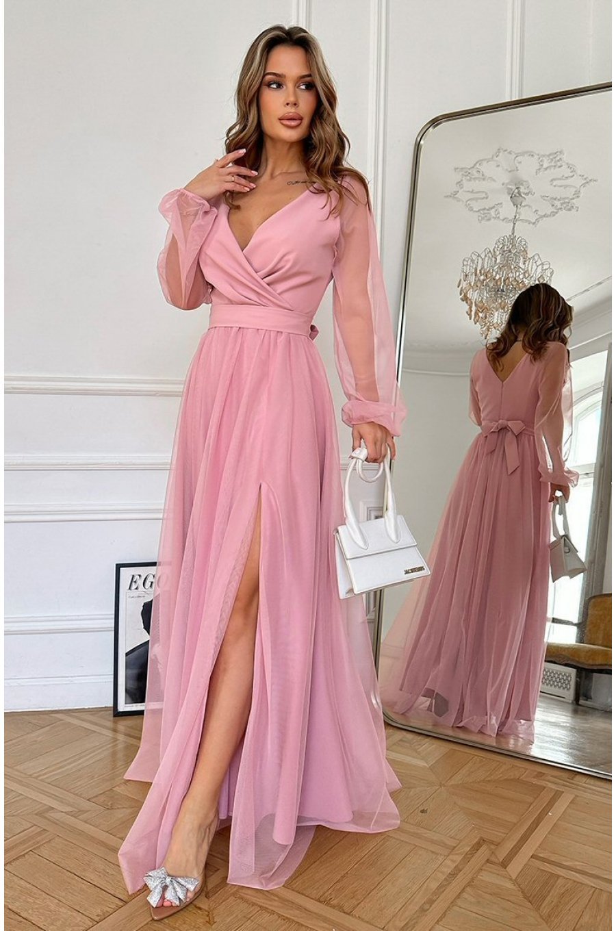 Rochie eleganta lunga, din tulle, roz pal, cu maneca lunga, SplendorB 1 - jojofashion.ro
