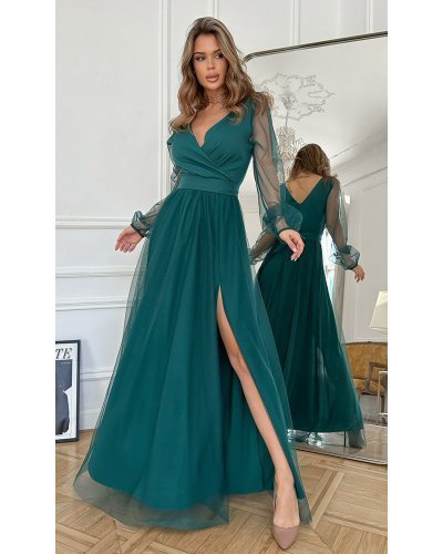 Rochie lunga eleganta verde din tulle cu maneca lunga SplendorB Rochii lungi, Rochie lunga eleganta verde din tulle cu maneca lunga SplendorB - jojofashion.ro