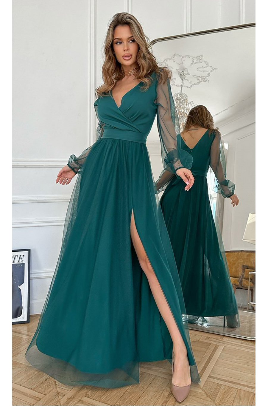 Rochie lunga eleganta verde din tulle cu maneca lunga SplendorB 1 - jojofashion.ro