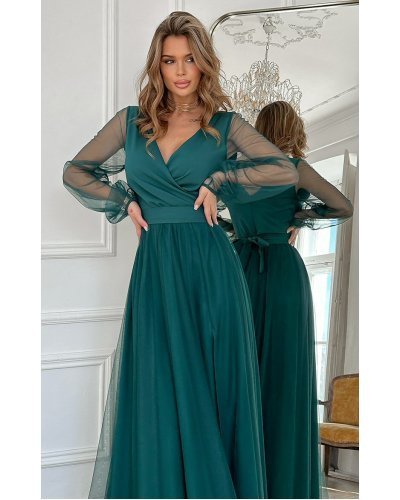 Rochie lunga eleganta verde din tulle cu maneca lunga SplendorB Rochii lungi, Rochie lunga eleganta verde din tulle cu maneca lunga SplendorB - jojofashion.ro