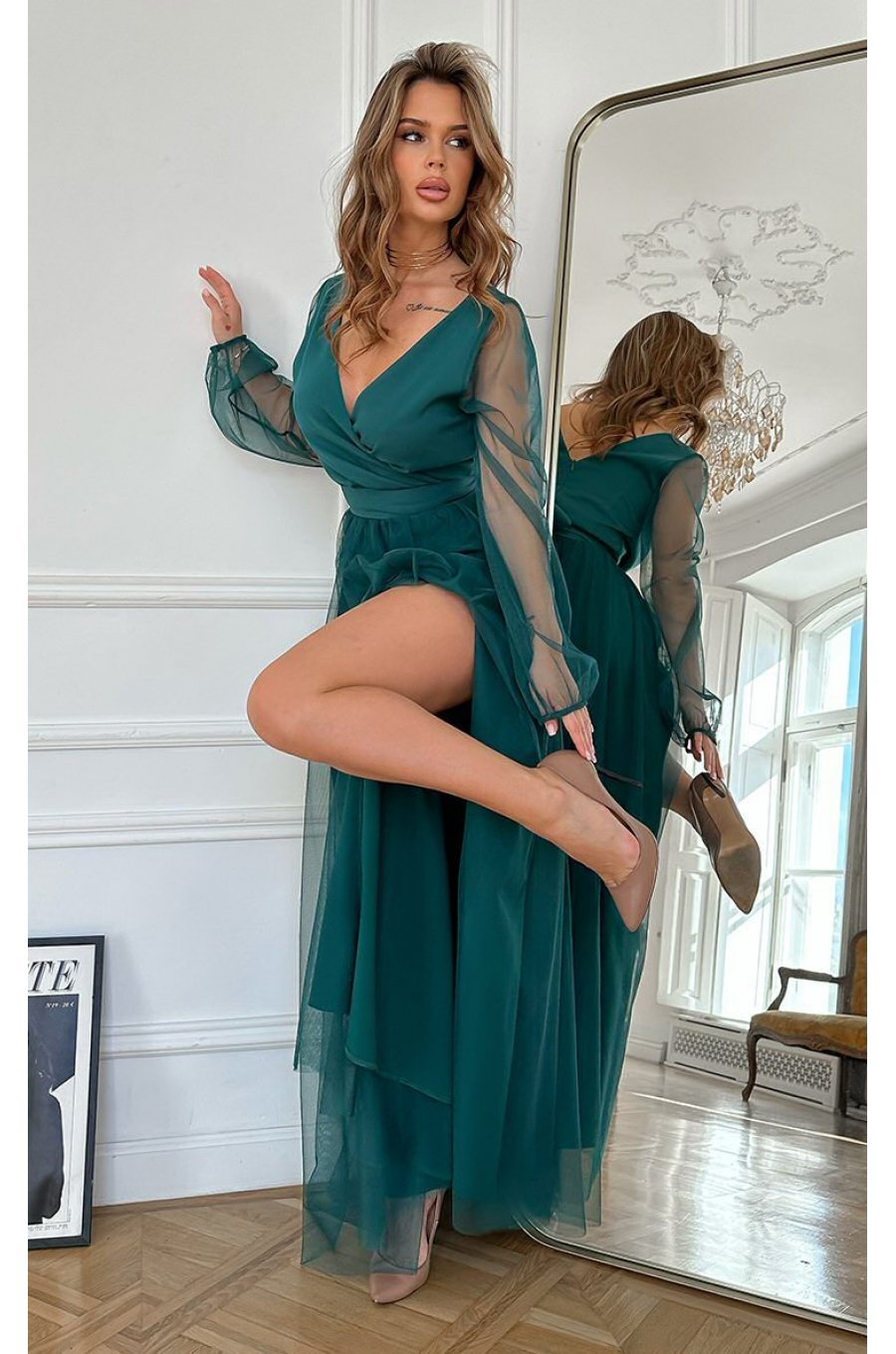 Rochie lunga eleganta verde din tulle cu maneca lunga SplendorB 3 - jojofashion.ro