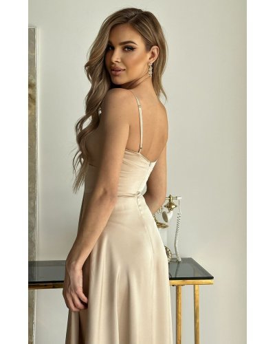 Rochie eleganta lunga, din satin bej, Aleeza Rochii satin, Rochie eleganta lunga, din satin bej, Aleeza - jojofashion.ro