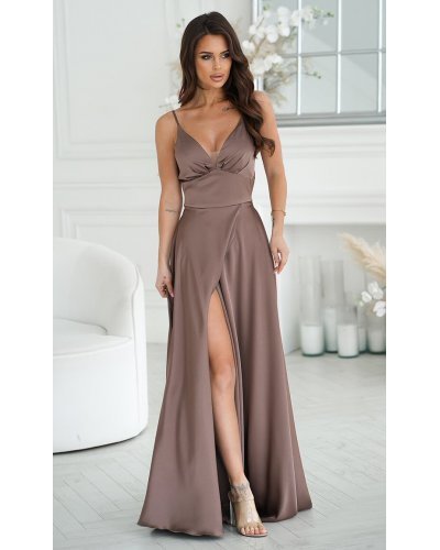 Rochie eleganta lunga, din satin cappuccino, Aleeza Rochii satin, Rochie eleganta lunga, din satin cappuccino, Aleeza - jojofashion.ro