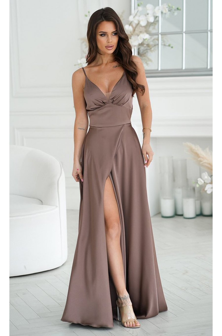 Rochie eleganta lunga, din satin cappuccino, Aleeza Rochie eleganta lunga, din satin cappuccino, Aleeza 2 - jojofashion.ro