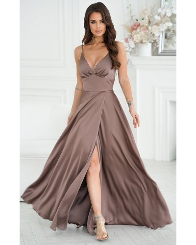 Rochie eleganta lunga, din satin cappuccino, Aleeza Rochii satin, Rochie eleganta lunga, din satin cappuccino, Aleeza - jojofashion.ro