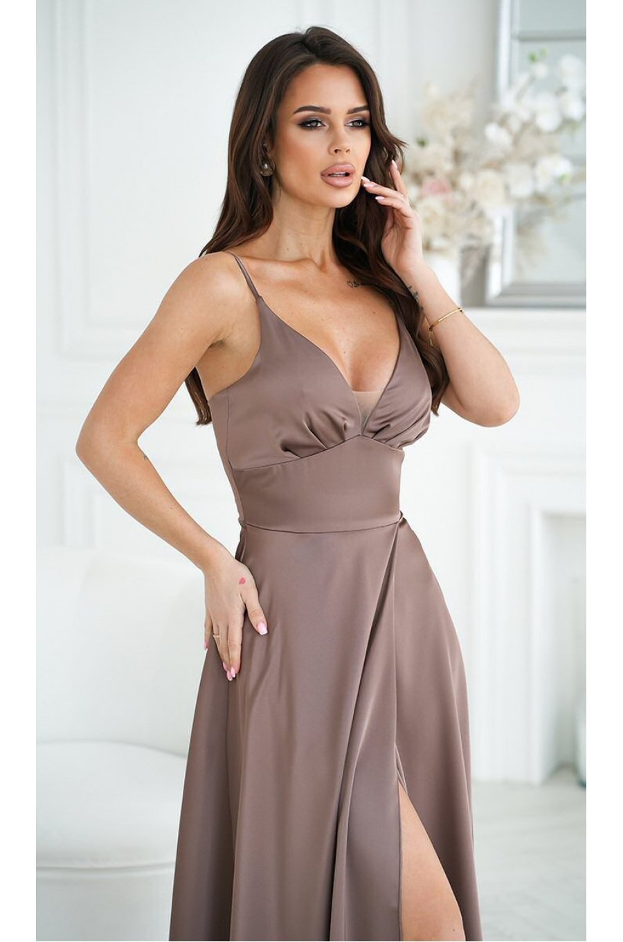 Rochie eleganta lunga, din satin cappuccino, Aleeza Rochie eleganta lunga, din satin cappuccino, Aleeza 3 - jojofashion.ro