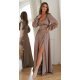 Rochie eleganta lunga, din satin, cappuccino, cu maneca lunga, crapata pe picior, Natasya 2 - jojofashion.ro