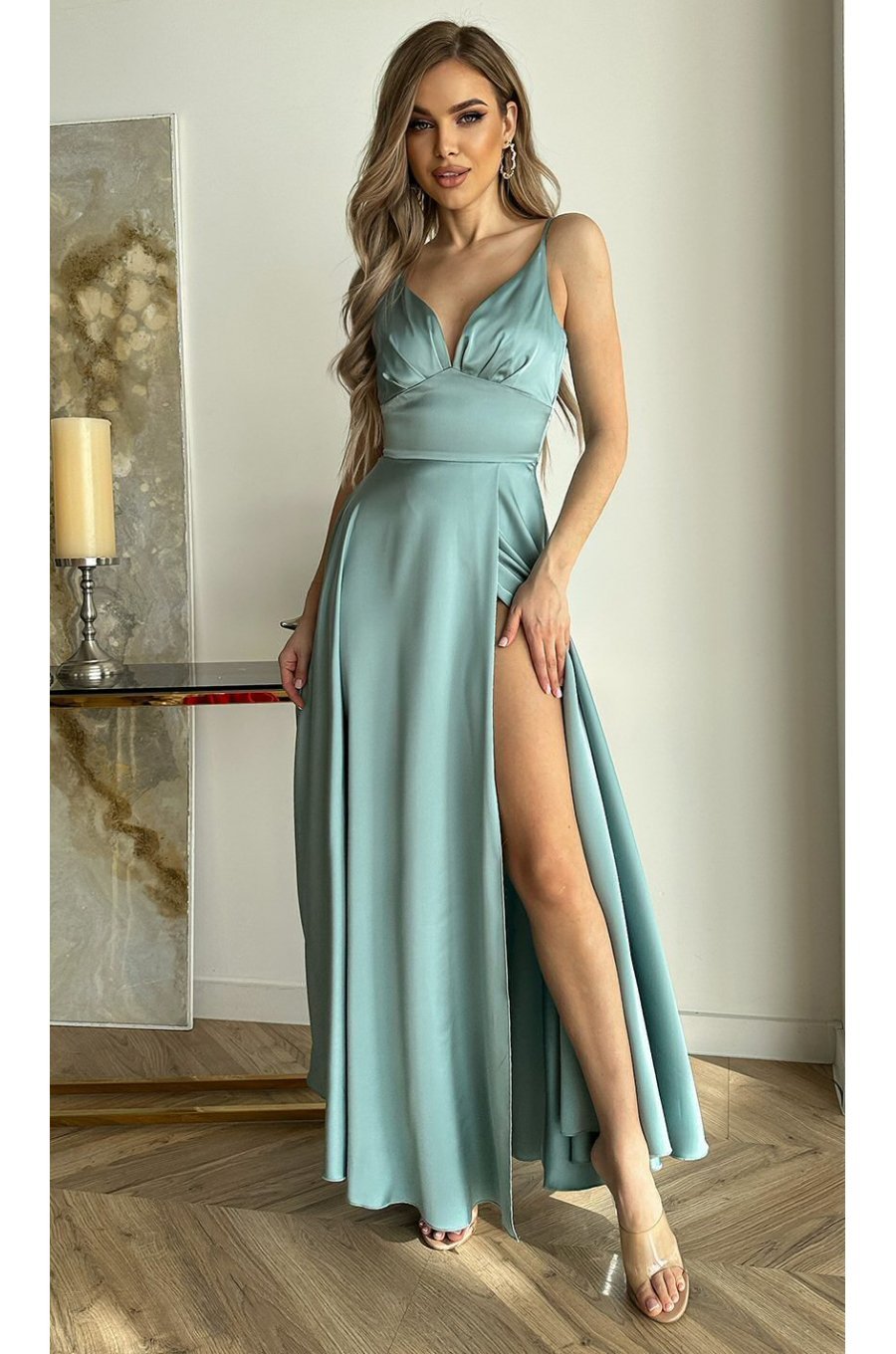 Rochie eleganta lunga, din satin, menta, Aleeza 1 - jojofashion.ro