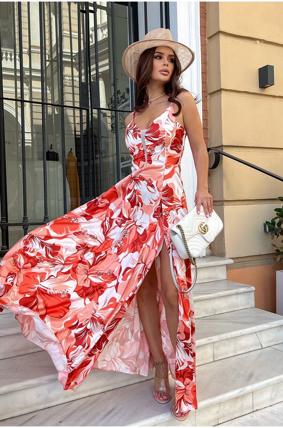 Rochie lunga din satin orange cu flori Amanda 1 - jojofashion.ro
