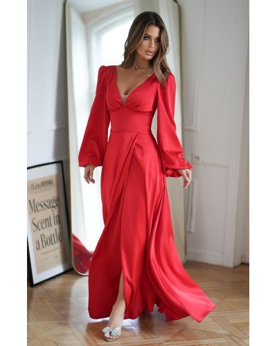 Rochie eleganta lunga, din satin, rosie, cu maneca lunga, crapata pe picior, Natasya Rochii satin, Rochie eleganta lunga, din satin, rosie, cu maneca lunga, crapata pe picior, Natasya - jojofashion.ro