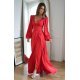 Rochie eleganta lunga, din satin, rosie, cu maneca lunga, crapata pe picior, Natasya 2 - jojofashion.ro