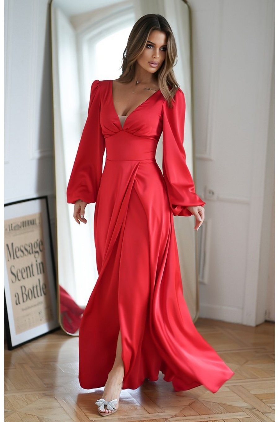 Rochie eleganta lunga, din satin, rosie, cu maneca lunga, crapata pe picior, Natasya 1 - jojofashion.ro