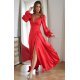 Rochie eleganta lunga, din satin, rosie, cu maneca lunga, crapata pe picior, Natasya 4 - jojofashion.ro