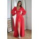 Rochie eleganta lunga, din satin, rosie, cu maneca lunga, crapata pe picior, Natasya 5 - jojofashion.ro