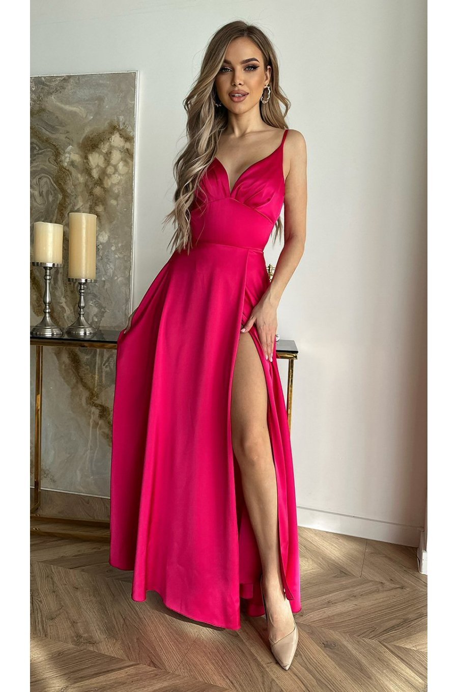 Rochie eleganta lunga, din satin, roz fucsia, Aleeza 1 - jojofashion.ro