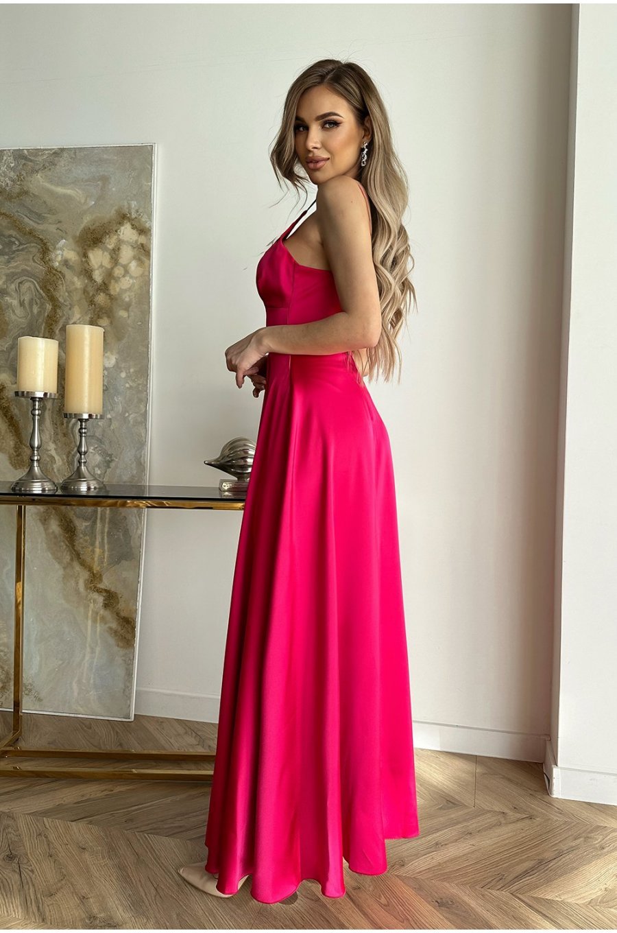 Rochie eleganta lunga, din satin, roz fucsia, Aleeza 2 - jojofashion.ro