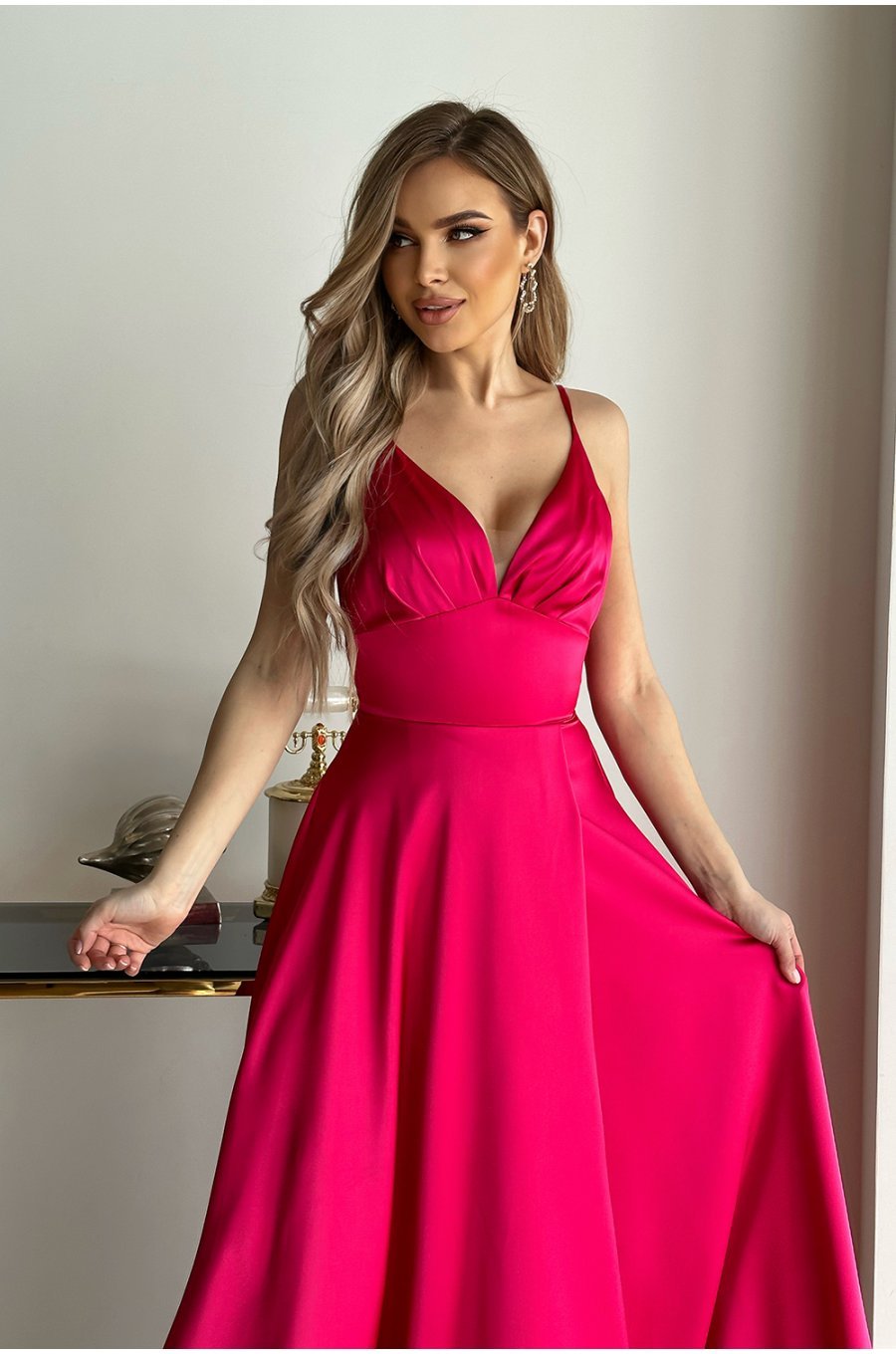 Rochie eleganta lunga, din satin, roz fucsia, Aleeza 3 - jojofashion.ro