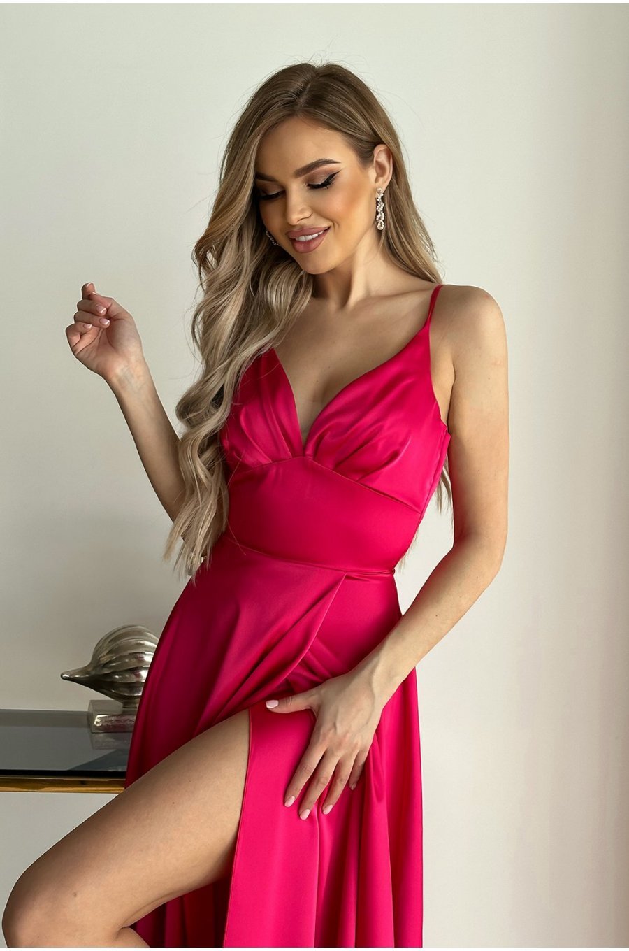 Rochie eleganta lunga, din satin, roz fucsia, Aleeza 4 - jojofashion.ro