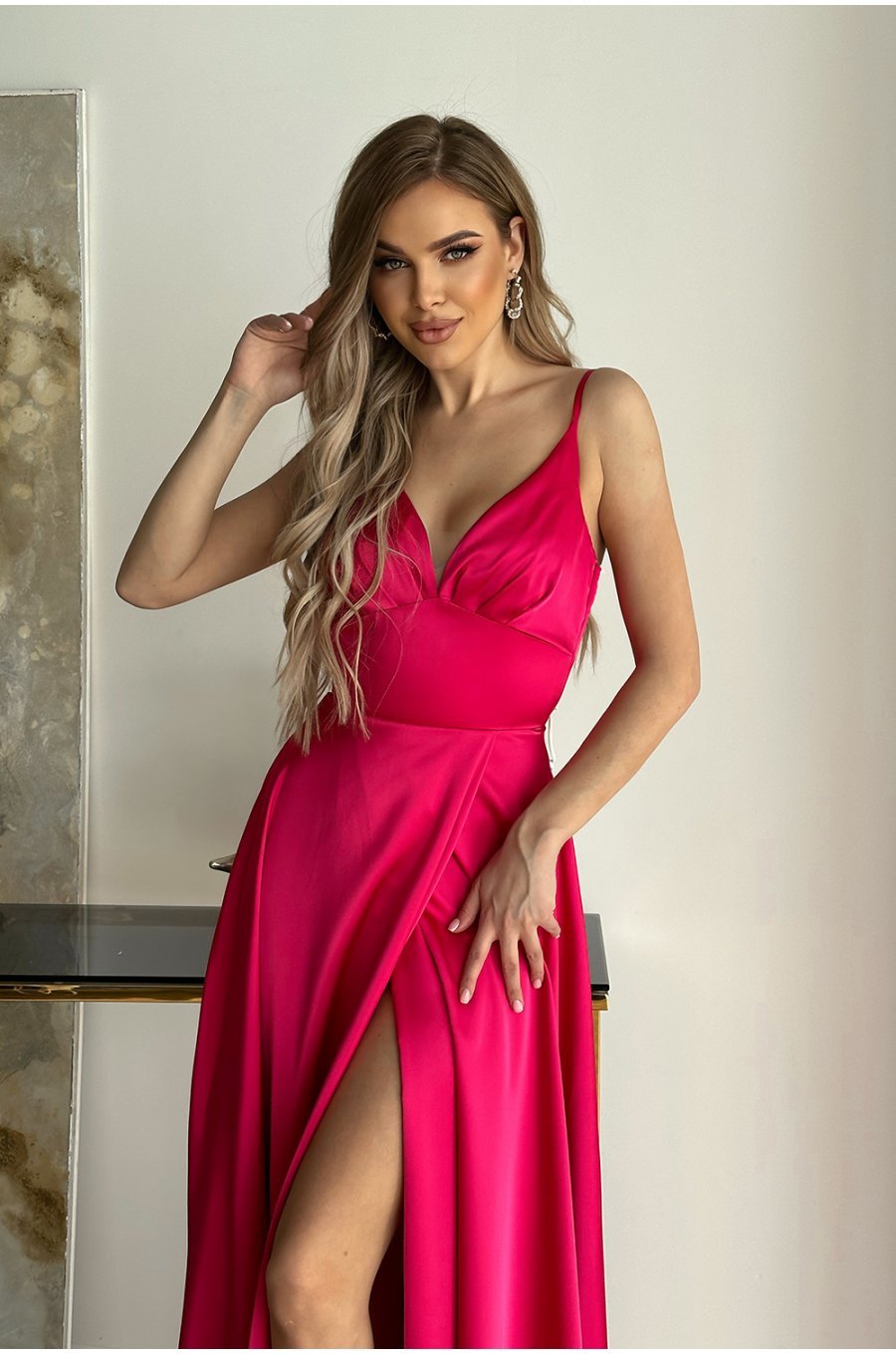 Rochie eleganta lunga, din satin, roz fucsia, Aleeza 6 - jojofashion.ro