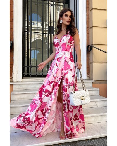 Rochie lunga din satin roz fucsia cu flori Amanda Rochii satin, Rochie lunga din satin roz fucsia cu flori Amanda - jojofashion.ro