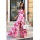 Rochie eleganta lunga, din satin, roz fucsia cu flori, Amanda 2 - jojofashion.ro