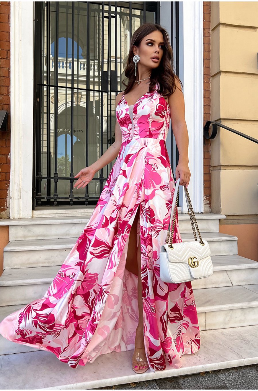 Rochie lunga din satin roz fucsia cu flori Amanda 1 - jojofashion.ro