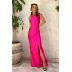 Rochie eleganta lunga, din satin roz fucsia, cu un umar gol, Lisbeth 4 - jojofashion.ro
