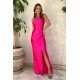 Rochie eleganta lunga, din satin roz fucsia, mulata, cu un umar gol, Lisbeth 4 - jojofashion.ro