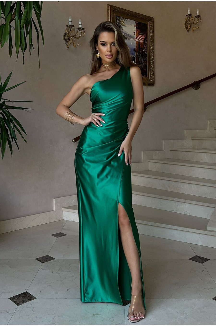 Rochie eleganta lunga, din satin verde smarald, mulata, cu un umar gol, Lisbeth 6 - jojofashion.ro
