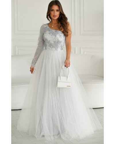 Rochie eleganta lunga din tulle alba cu dantela argintie cu un umar gol si maneca lunga Azelle Rochii lungi, Rochie eleganta lunga din tulle alba cu dantela argintie cu un umar gol si maneca lunga Azelle - jojofashion.ro