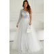 Rochie eleganta lunga din tulle alba cu dantela argintie cu un umar gol si maneca lunga Azelle 2 - jojofashion.ro