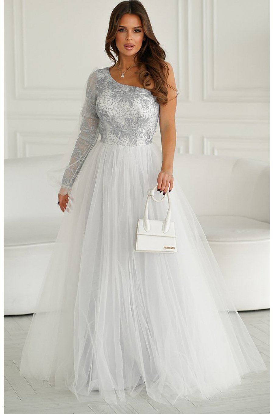 Rochie eleganta lunga, din tulle, alba cu dantela argintie, cu un umar gol si maneca lunga, Azelle 1 - jojofashion.ro