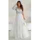 Rochie eleganta lunga din tulle alba cu dantela argintie cu un umar gol si maneca lunga Azelle 4 - jojofashion.ro