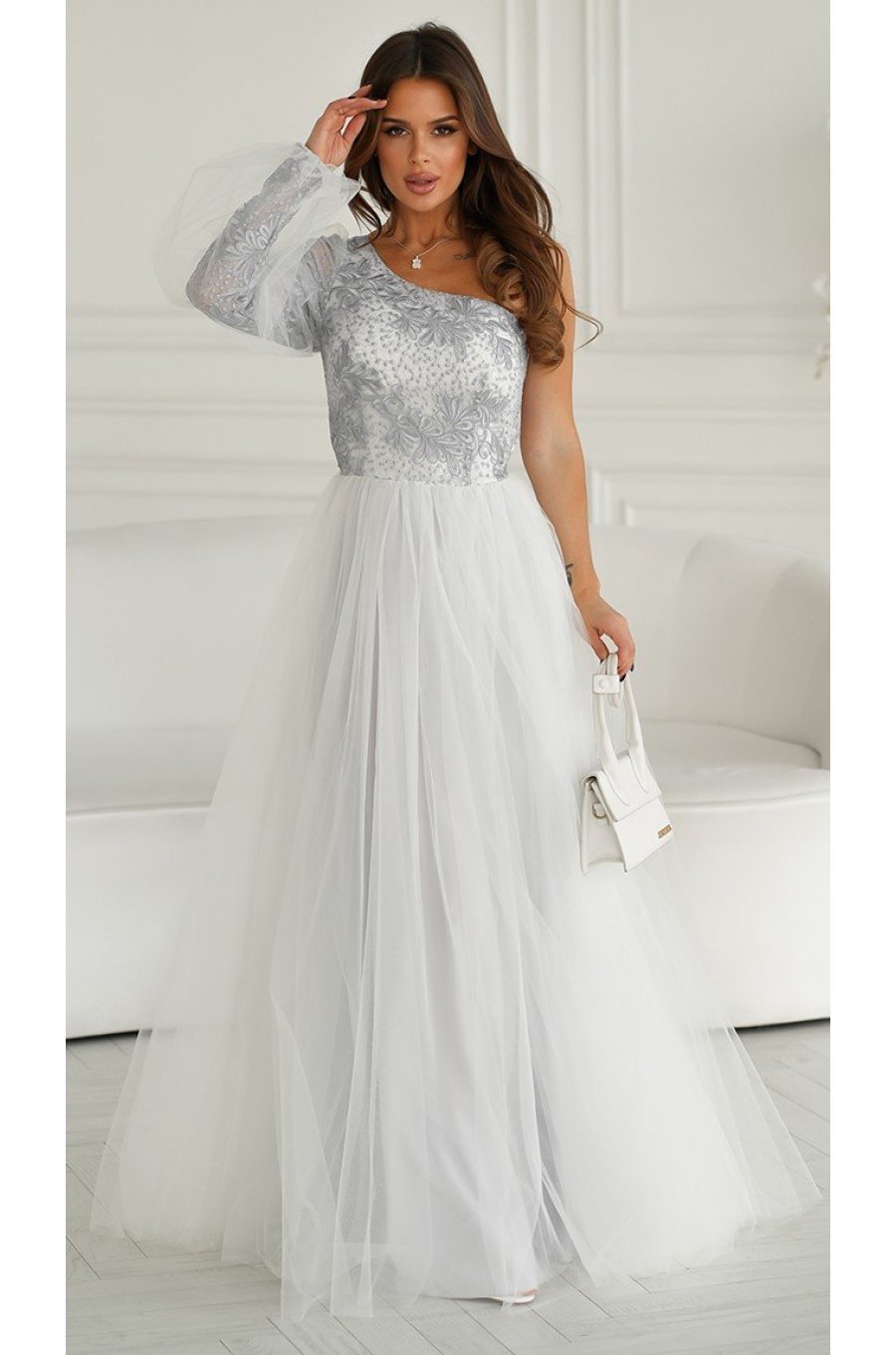 Rochie eleganta lunga, din tulle, alba cu dantela argintie, cu un umar gol si maneca lunga, Azelle 3 - jojofashion.ro