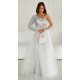 Rochie eleganta lunga din tulle alba cu dantela argintie cu un umar gol si maneca lunga Azelle 5 - jojofashion.ro