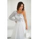 Rochie eleganta lunga din tulle alba cu dantela argintie cu un umar gol si maneca lunga Azelle 6 - jojofashion.ro