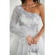 Rochie eleganta lunga din tulle alba cu dantela argintie cu un umar gol si maneca lunga Azelle 7 - jojofashion.ro