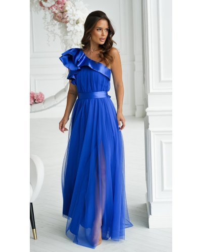 Rochie lunga albastra din tulle cu un umar gol si volan din satin Irresistible Rochii, Rochie lunga albastra din tulle cu un umar gol si volan din satin Irresistible - jojofashion.ro