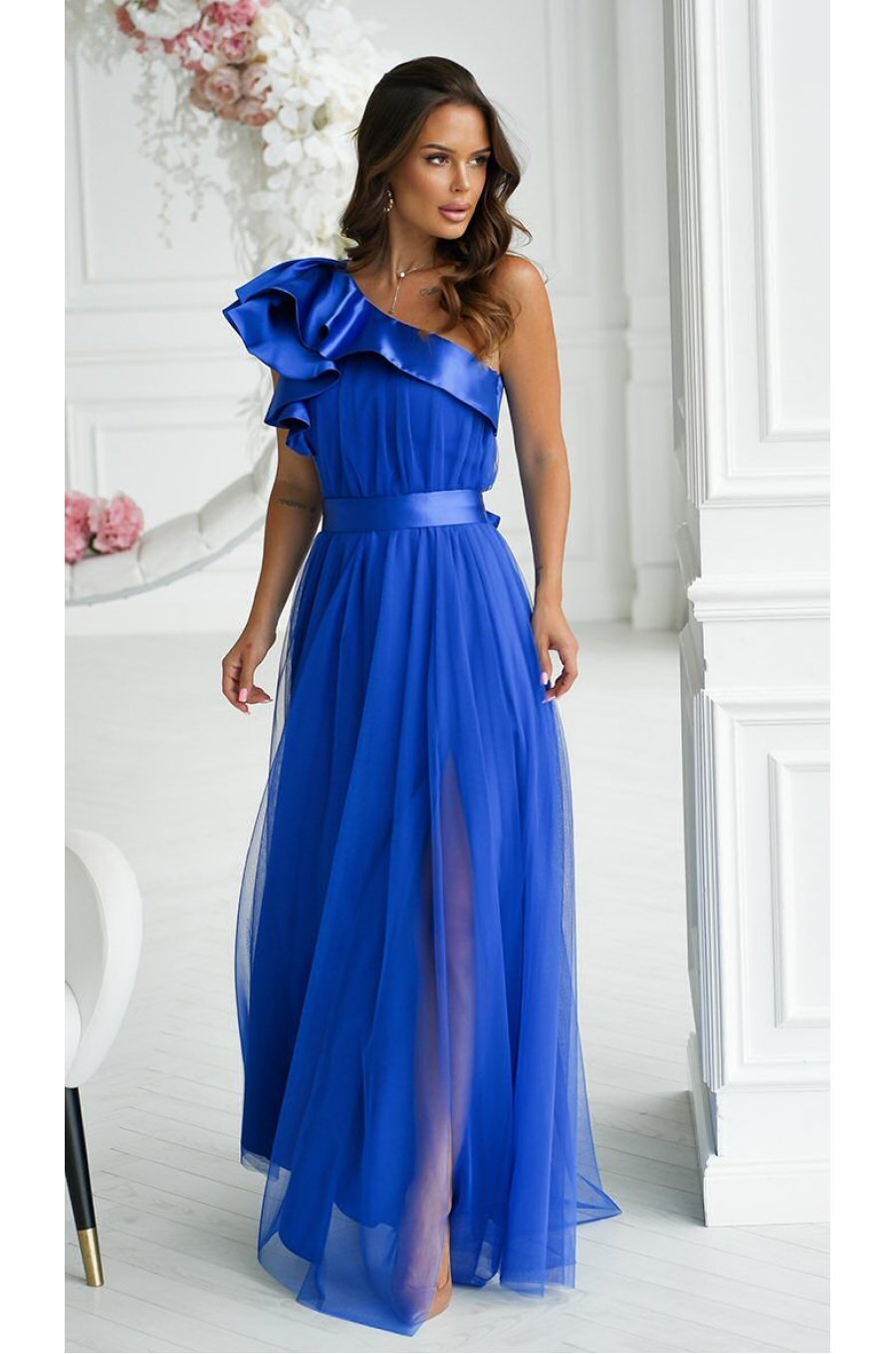 Rochie lunga albastra din tulle cu un umar gol si volan din satin Irresistible 1 - jojofashion.ro