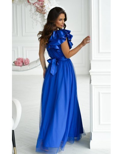 Rochie lunga albastra din tulle cu un umar gol si volan din satin Irresistible Rochii, Rochie lunga albastra din tulle cu un umar gol si volan din satin Irresistible - jojofashion.ro