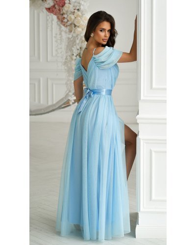 Rochie eleganta lunga din tulle bleu vaporoasa cu umerii goi FloraY Rochii lungi, Rochie eleganta lunga din tulle bleu vaporoasa cu umerii goi FloraY - jojofashion.ro