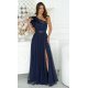 Rochie eleganta lunga din tulle bleumarin cu un umar gol si volan din satin Irresistible 2 - jojofashion.ro