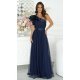 Rochie eleganta lunga din tulle bleumarin cu un umar gol si volan din satin Irresistible 5 - jojofashion.ro