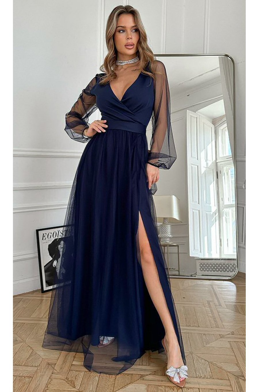 Rochie eleganta lunga, din tulle, bleumarin navy, cu maneca lunga, SplendorB 1 - jojofashion.ro