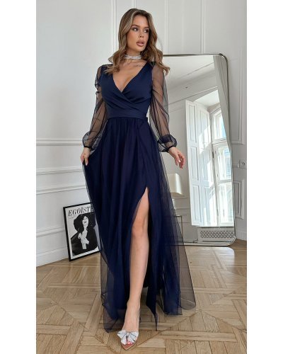 Rochie lunga din tull bleumarin navy cu maneca lunga SplendorB Rochii lungi, Rochie lunga din tull bleumarin navy cu maneca lunga SplendorB - jojofashion.ro