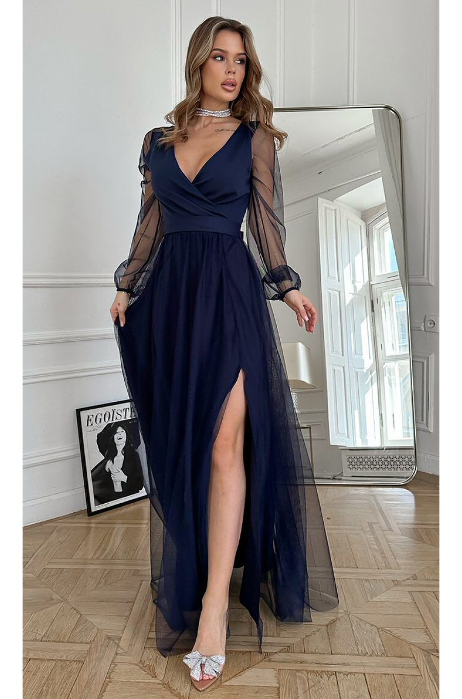 Rochie eleganta lunga, din tulle, bleumarin navy, cu maneca lunga, SplendorB 2 - jojofashion.ro