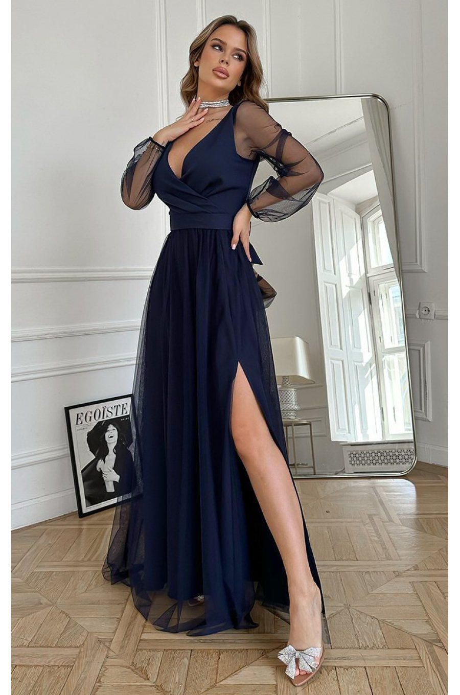 Rochie eleganta lunga, din tulle, bleumarin navy, cu maneca lunga, SplendorB 5 - jojofashion.ro